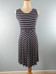 Ann Taylor LOFT Cotton Dress Striped Navy White Knee Length Sleeveless Medium - Picture 1 of 12