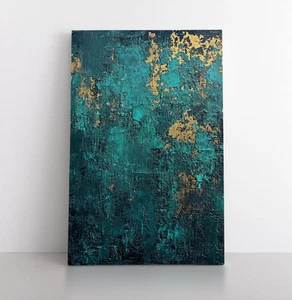 Impresión de pintura abstracta dorada verde azulado profundo sobre lienzo enmarcado arte de pared metálico moderno - Imagen 1 de 16