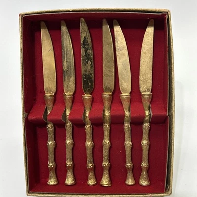 24-kt. Mini facas banhadas a ouro - Conjunto de alças padrão bambu 6 modernas meados do século - Imagem 1 de 4