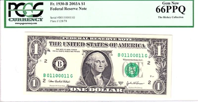2003-A $1 FRN PCGS Gem New 66PPQ Fancy TRUE 0/1 BINARY Serial #B01100011G - Image 1 of 2