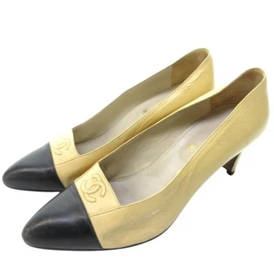 CHANEL Coco Mark Two-Tone Pointed Toe Pumps Beige/Black Leather Size EU 36 - Image 1 of 4