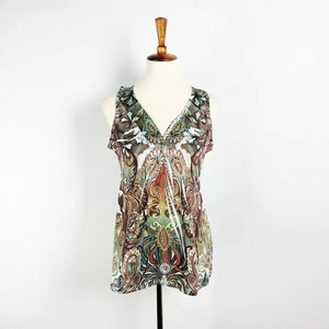 Vintage 90s yk2 One World green boho patterned printed tank top Size Medium - Picture 1 of 7