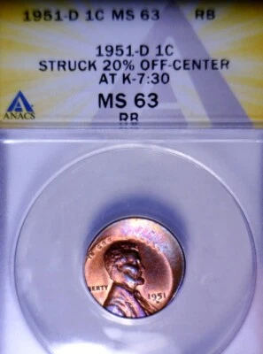1951d ERROR ANACS MS63 Off Center Lincoln Wheat Cent Coin NICE TONE CH BU O/C   - Image 1 of 4