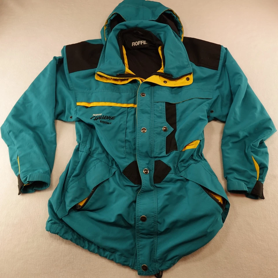 Jaqueta masculina vintage anos 90 Roffe Challenge System Ski Parka pequena EUA colorida - Imagem 1 de 4