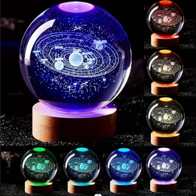 LED Bedside Table Lamp 3D Crystal Ball Night Light Solar System Jellyfish USB - Image 1 of 4