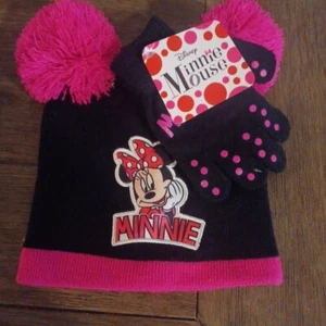 Disney Minnie Mouse Winter Hat &mittens Set Pom Poms Pink Black Girls One Size - Picture 1 of 10