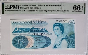 Saint Helena £5 ND (1981) Pick 7b – PMG 66 EPQ – QE II – Corrected Motto ANGLIÆ - Picture 1 of 2
