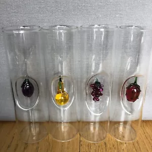 Set Of 4 Vintage Murano Shot glasses Clear With Mixed Fruit 3D Hand Blown Signed - Picture 1 of 12