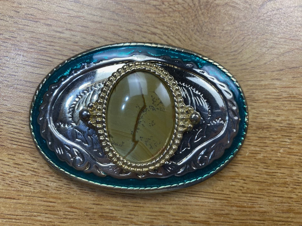 Hebilla de cinturón tono plata y azul con cabujón de arenisca Foto 1 de 4