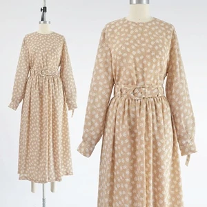 Set blusa e gonna floreale marrone chiaro completo plissettato abito midi con cintura S M - Foto 1 di 9