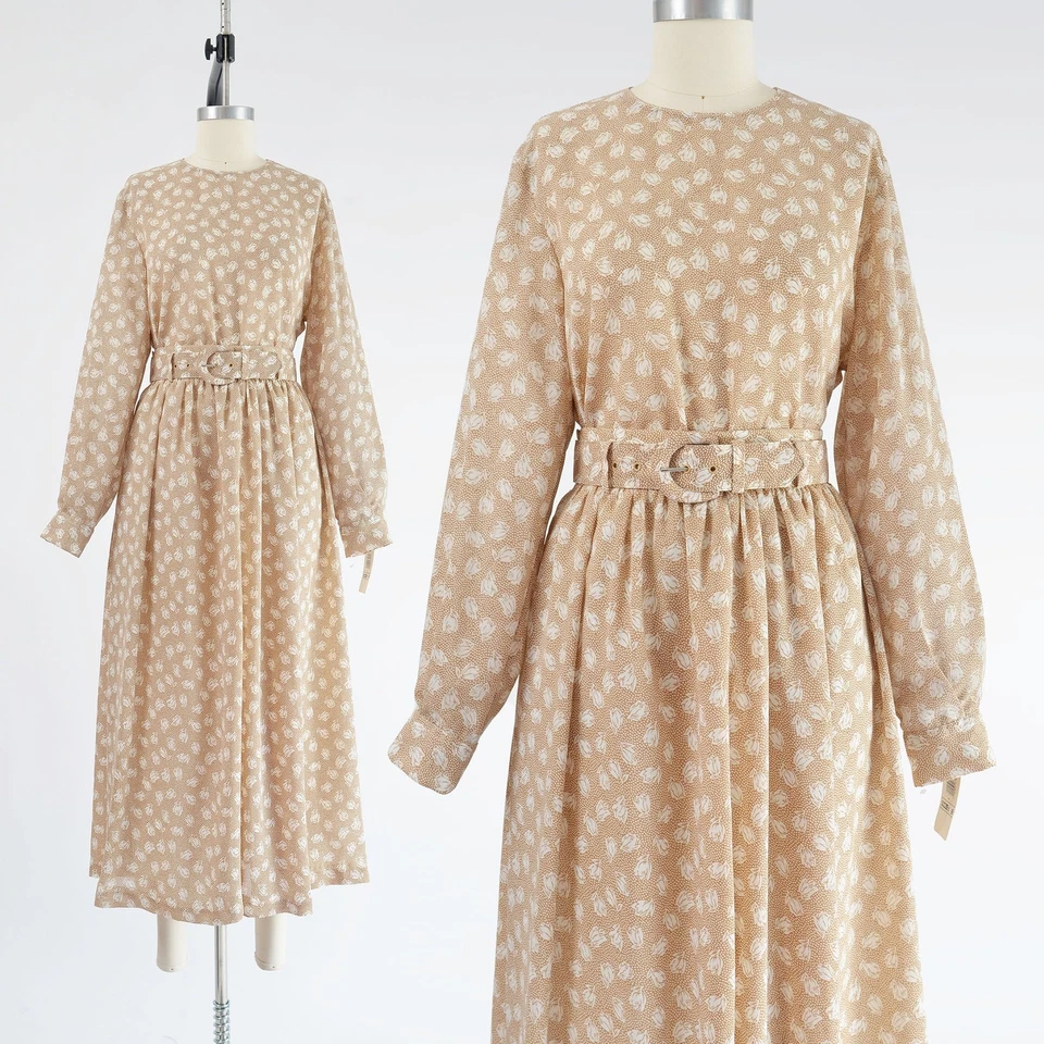 Conjunto de Blusa y Falda Floral Tostada Vintage Vestido Midi Plisado Completo Transparente con Cinturón S M Foto 1 de 4