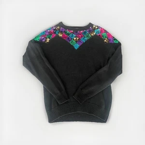 Vintage Bold Multicolor Sequin Black Sweater Womens 1980s Large  - Picture 1 of 2