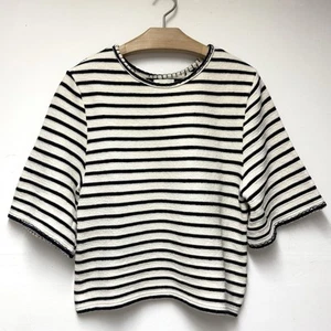 ANTHROPOLOGIE DELETTA Sweater Size M Striped White Blue Short Sleeves Round Neck - Picture 1 of 4