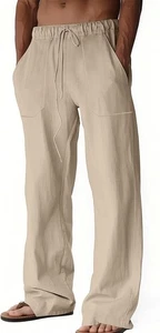 Herren Leichte Leinen Freizeit Hose Lockere Passform Gummibund Sommer Strand - Bild 1 von 18