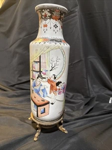Chinesische Republik Porzellan große handverzierte Vase Messingsockel rotes Siegel 16i - Bild 1 von 16