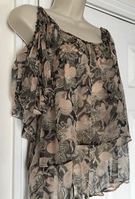 RARE Kate Moss Topshop Cold Shoulder Pink Tiered Floral Chiffon Blouse UK 10 38 - Image 1 of 4