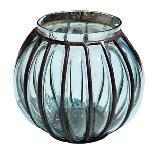 VTG Hand Blown Art Deco Industrial Bubble Glass Vase Metal Cage Frame - Picture 1 of 9
