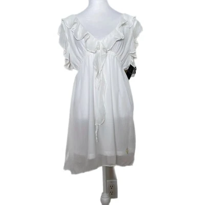 Baby Phat Women's White Sheer Ruffle Sleeve V Neck Lined Empire Dress Size M - Image 1 of 4