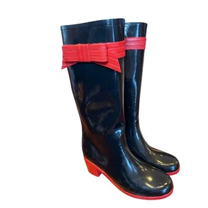 Kate Spade Women 9 Randi Black and Red Bow Heel Rain Boots Shiny Black Rain Boot - Picture 1 of 14
