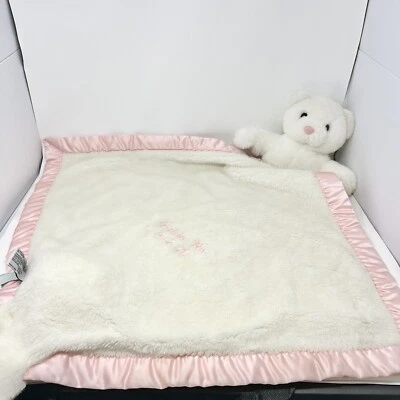 My Banky Blankie Lovie Large Baby Blanket Teddy Bear Kisses Satin Pink Trim - Image 1 of 4