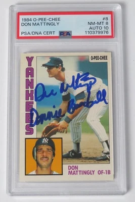 Tarjeta de novato O-Pee-Chee 1984 firmada por Don Mattingly Yankees 8 con insc. PSA 10 Auto Foto 1 de 4