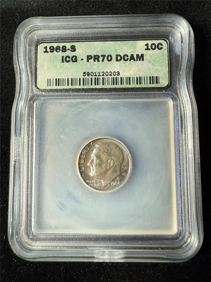 1968 S 10C Roosevelt Dime PR70 DCAM Ultra Cameo UCAM PF70 ICG PERFECT! SKU 3678 - Image 1 of 2