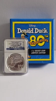 Moneda de plata del 80 aniversario del Pato Donald de Disney 2014 PF70 Ultra camafeo ER OPG/COA Foto 1 de 4