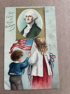 Vintage POSTCARD Three Cheers GEORGE WASHINGTON Children US Flag - Picture 1 of 2