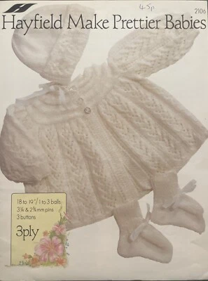 Hayfield Baby Matinee Coat, Bonnet & Bootees 3 Ply KNITTING PATTERN 2106- 18-19” - Image 1 of 3