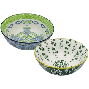 Irish Ceramic Bowls Set of 2 Celtic Cross and Trellis Shamrock Design Soup Bowls - Picture 1 of 8