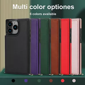 Luxury Leather Crossbody Card Slot Cover Case for 16 15 14 13 12 11 Pro Max XR - Picture 1 of 58