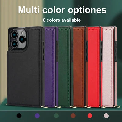 Luxury Leather Crossbody Card Slot Cover Case for 16 15 14 13 12 11 Pro Max XR - Image 1 of 4