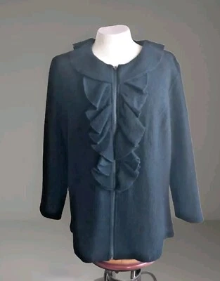 Tweeds Boiled Wool Sweater Cardigan Sz 3X Black Long Sleeve Ruffle Zip Closure - Изображение 1 из 4