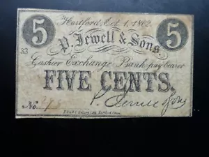 P. Jewell & Sons Hartford, Ct 5 centesimi 1 ottobre 1862 moneta obsoleta n. 298 - Foto 1 di 2