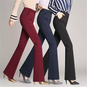 Women High Waist Bootcut Flare Pants Slacks Dress Trousers Wide Leg Work - Picture 1 of 12