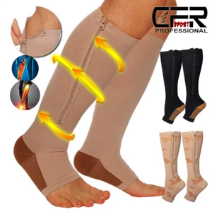 Women Men Copper Compression Socks Support Stockings Leg Calf Zipper Open Toe DS - Picture 1 of 17