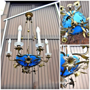 Antique 19thc French church opaline glue glass chandelier lamp floral decor - Picture 1 of 11