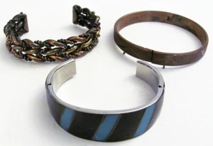 VTG Lot of 3 Cuff Bracelets - Solid Copper, Copper & Brass Braid, Black & Blue - Picture 1 of 7