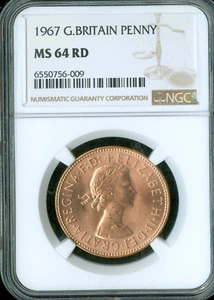 1967 GREAT BRITAIN LARGE PENNEY NGC MS64 RED . - Picture 1 of 2