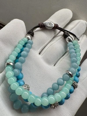 Fossil Beaded Leather Slide Bracelet Blue Aquamarine, Green Chalcedony… - Image 1 of 4