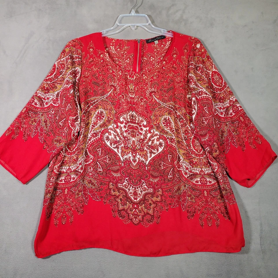 Blusa Top Rosa y Oliva Para Mujer 2X Roja Floral Cachemira Manga 3/4 Boho Chic Artística Foto 1 de 4
