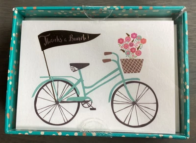 Clementine THANK YOU CARDS 16 Notes BICYCLE w/ BASKET & FLOWERS Blank PINK BLUE - Image 1 of 4