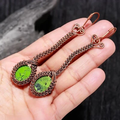 Green Copper Turquoise Gemstone Handmade Wire Wrapped Copper Jewelry Earring - Image 1 of 4