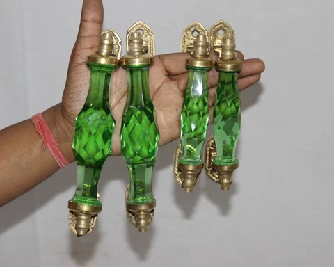 4PC Vintage Antique Style Crystal/Cut Green Glass Door Handles Collectible 12369 Cover