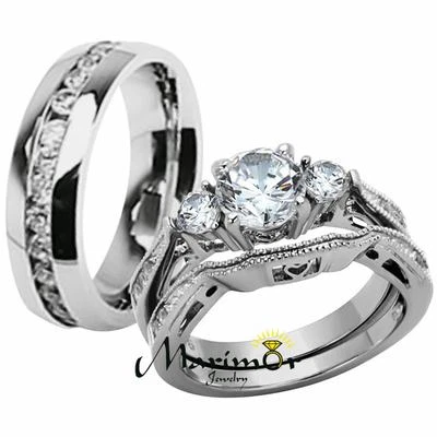 Hers & His Juego de 3 anillos de boda de acero inoxidable circonita cúbica y alianza de boda de eternidad Foto 1 de 4