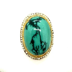 Natural Turquoise & Seed Pearls 14k Yellow Gold By J. A. K. Ring Size 6 - 7 - Picture 1 of 18