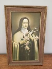 Vintage Framed Saint Therese of Lisieux with Roses & Crucifix by Borin Mfg Co