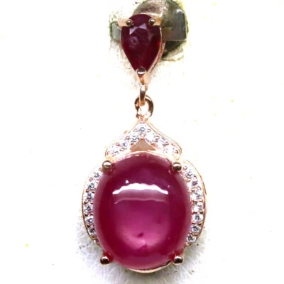 925 Sterling Silver 9 x 11 mm. Pink Red Ruby & Zircon Pendant Rose Gold Coated - Image 1 of 4