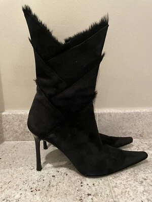 Cesare Paciotti Womens Suede Shearling Fur Pointed Toe Ankle Bootie Black 6 - Image 1 of 4