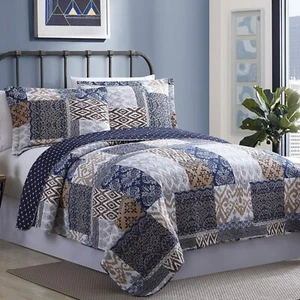 Queen Quilt Set Farmhouse Blue Gray Brown Country Bohemian Eclectic Rustic 3 Pc - Picture 1 of 18